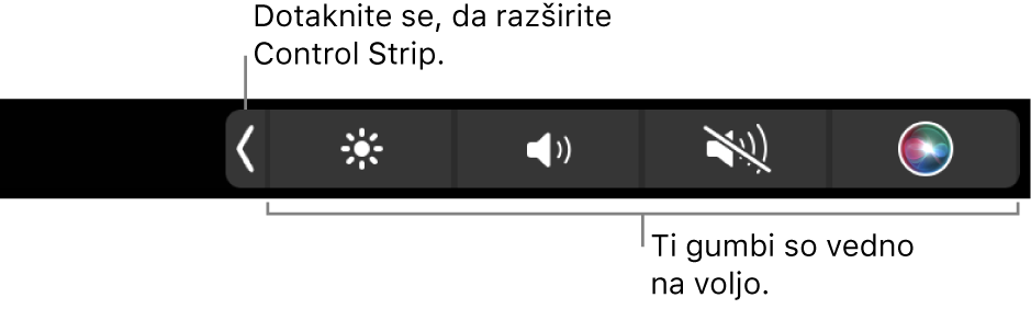 Delni zaslon privzete vrstice Touch Bar s prikazano strnjeno vrstico Control Strip. Tapnite gumb za razširitev, da prikažete celotno vrstico Control Strip.