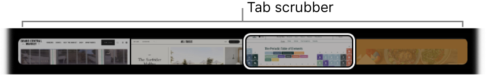 Vrstica za upravljanje zavihkov v vrstici Touch Bar brskalnika Safari. Prikaže manjši predogled vseh odprtih zavihkov.