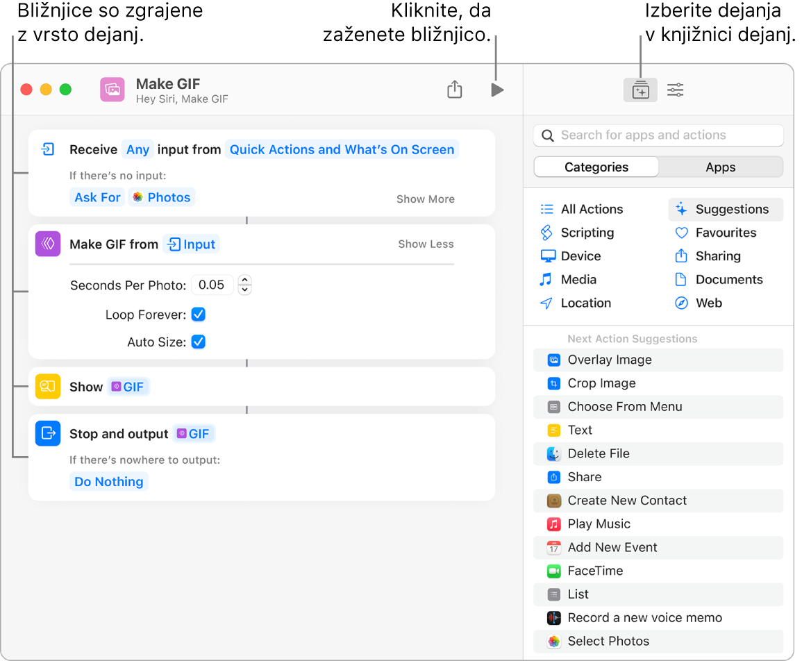 Urejevalnik bližnjic Make GIF na levi in knjižnica dejanj na desni strani.