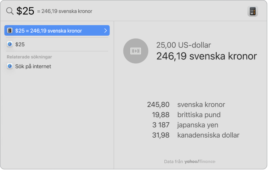 En skärmavbild som visar dollar konverterade till pesos med en bästa sökträff som visar konverteringen och flera andra träffar att välja bland.