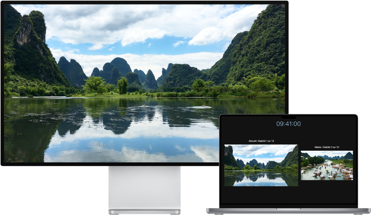 En 16-tums MacBook Pro bredvid en HDTV som används som en extern bildskärm.