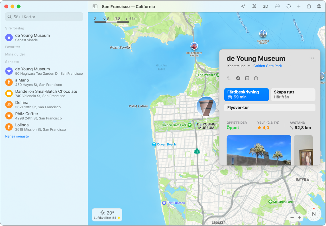 Karta över San Francisco som visar ett museum. Ett informationsfönster som visar viktig information om verksamheten.