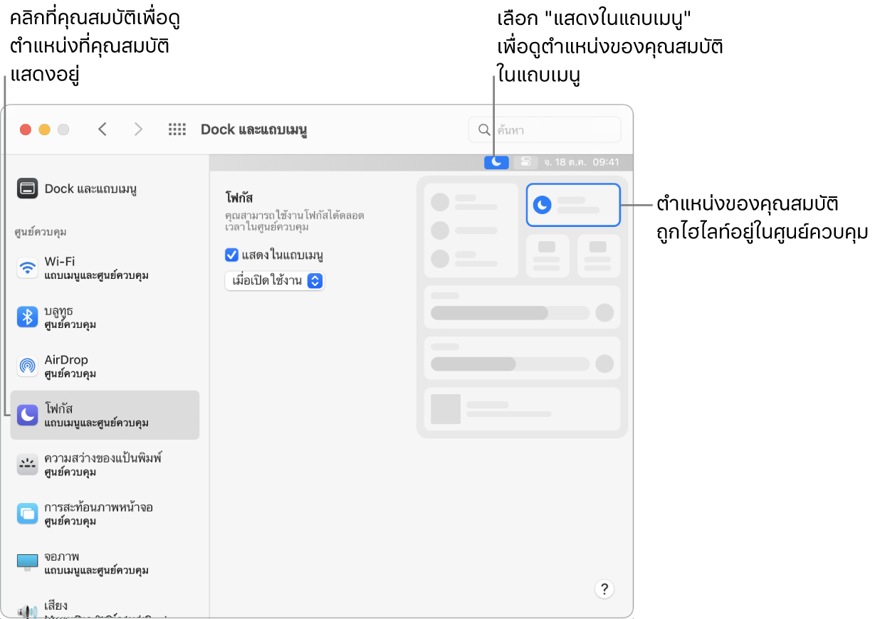 หน้าต่างการตั้งค่า Dock และแถบเมนูที่มีตัวชี้บรรยายไปยังโฟกัสและการตั้งค่าแบบไม่บังคับ และผลลัพธ์ของคุณสมบัติ