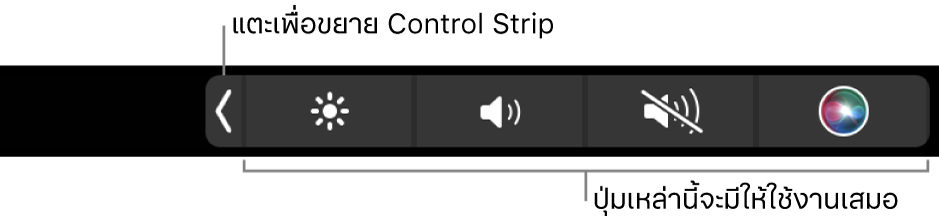 หน้าจอส่วนหนึ่งของ Touch Bar เริ่มต้น ที่แสดง Control Strip ที่ยุบอยู่ แตะเพื่อปุ่มขยายเพื่อแสดง Control Strip แบบเต็ม