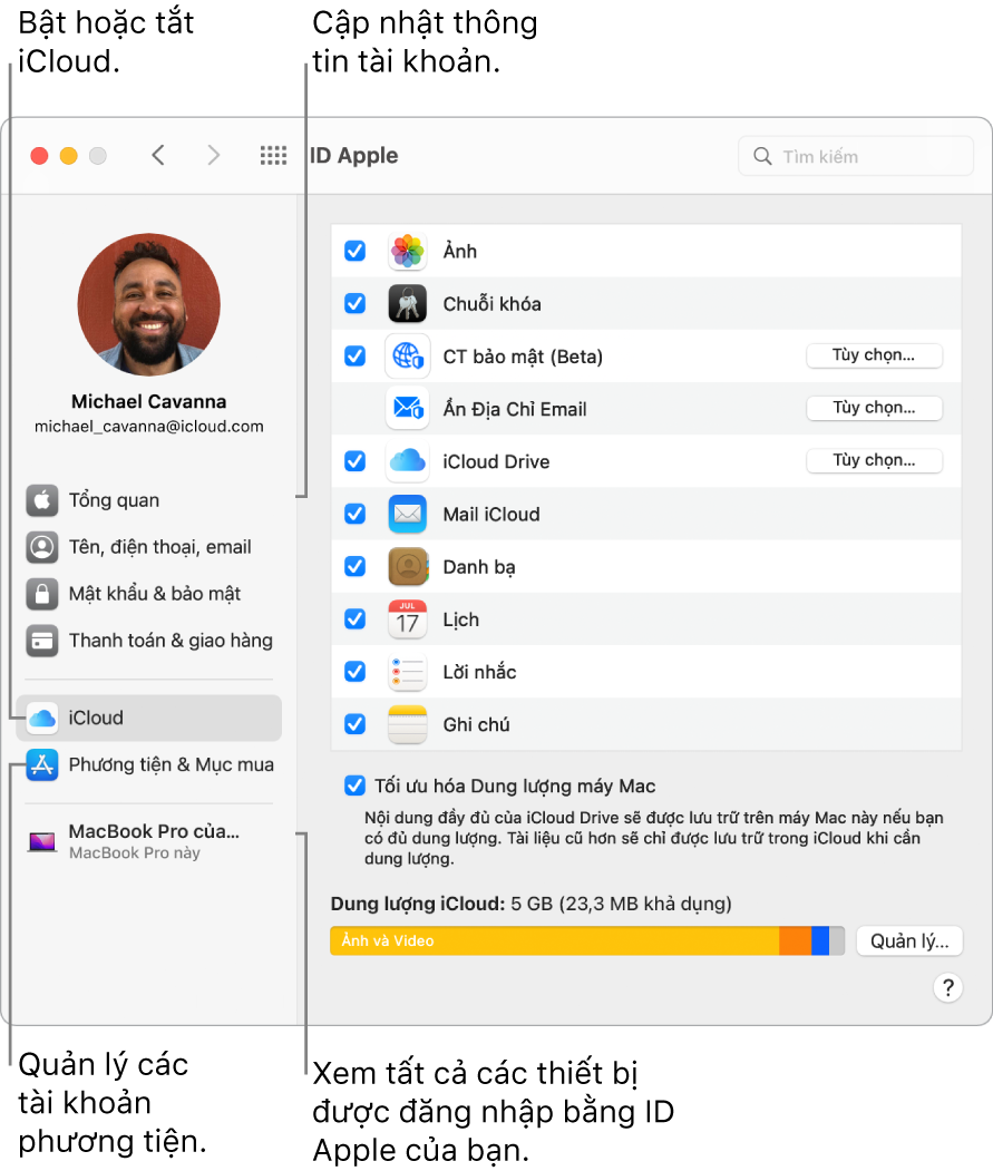 Khung ID Apple trong Tùy chọn hệ thống. Bấm vào một mục trong thanh bên để cập nhật thông tin tài khoản của bạn, bật hoặc tắt iCloud, quản lý các tài khoản phương tiện hoặc xem tất cả các thiết bị được đăng nhập bằng ID Apple của bạn.