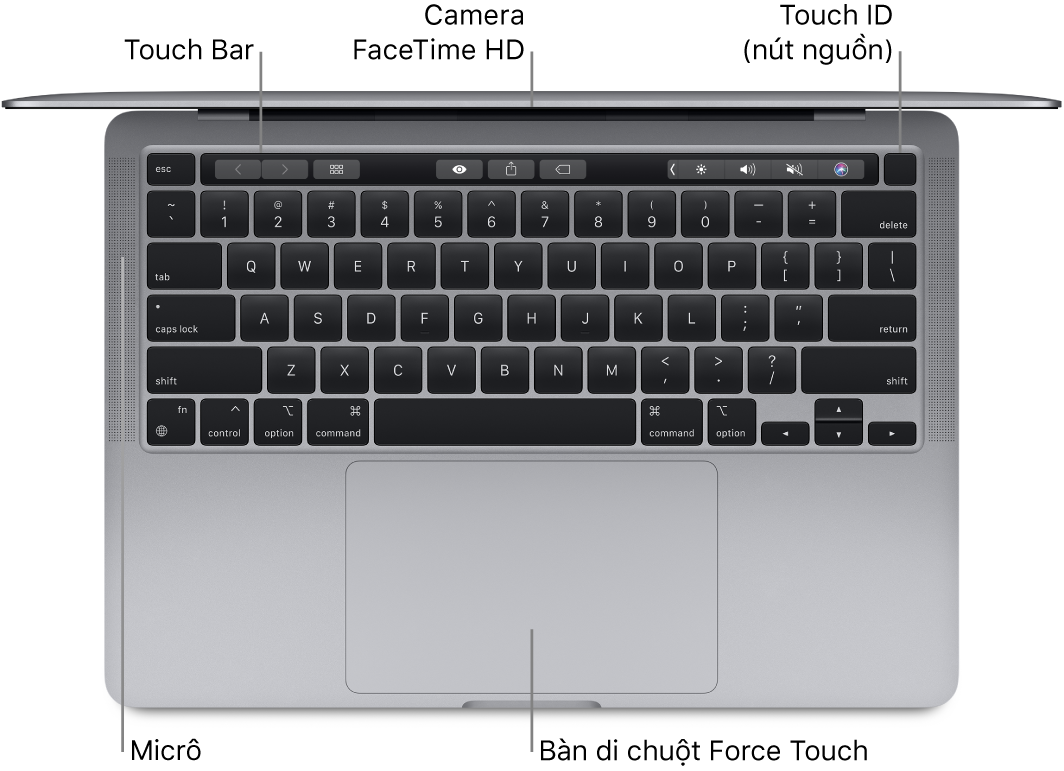 Nhìn từ trên xuống một MacBook Pro 13 inch được mở, với các chú thích đến Touch Bar, camera FaceTime HD, Touch ID (nút nguồn), các micrô và bàn di chuột Force Touch.