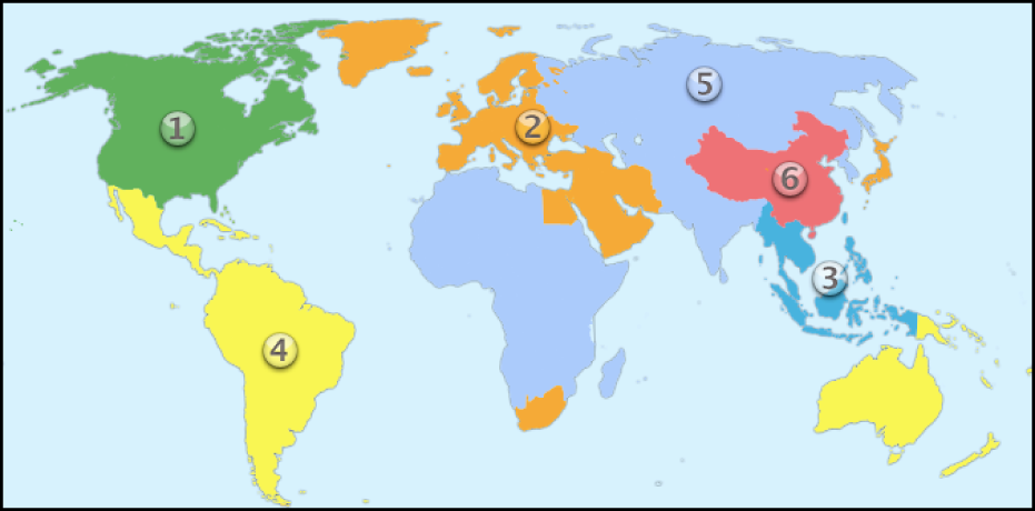 Kaart van dvd-regio's.