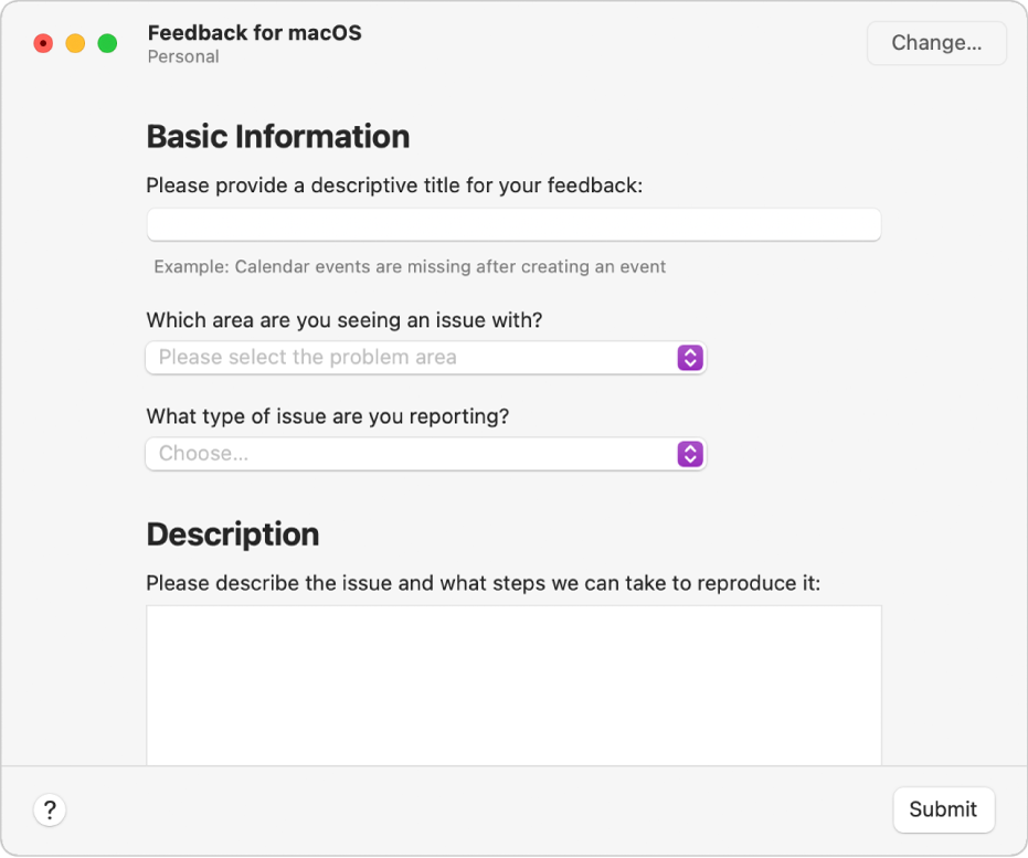 A feedback form showing the basic information and description fields.