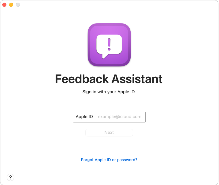 The Feedback Assistant sign in window.