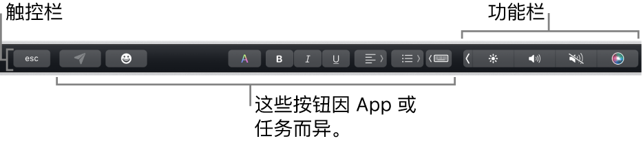 横贯键盘顶部的触控栏，显示右侧折叠的功能栏，按钮因 App 或任务而异。