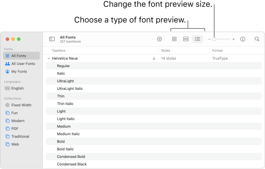 The Font Book window with the toolbar showing buttons for choosing the type of font preview and a vertical slider for changing the preview size.