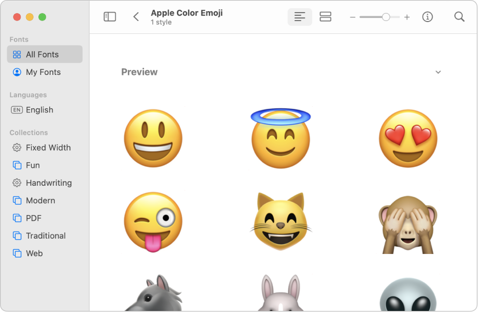 La fenêtre Livre des polices affichant un aperçu de la police Apple Color Emoji.