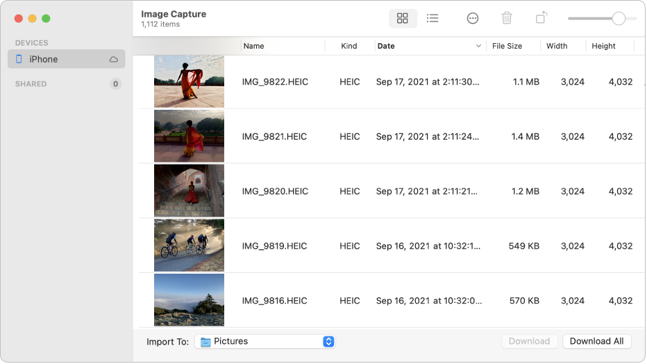 The Image Capture window showing pictures to be imported from an iPhone.