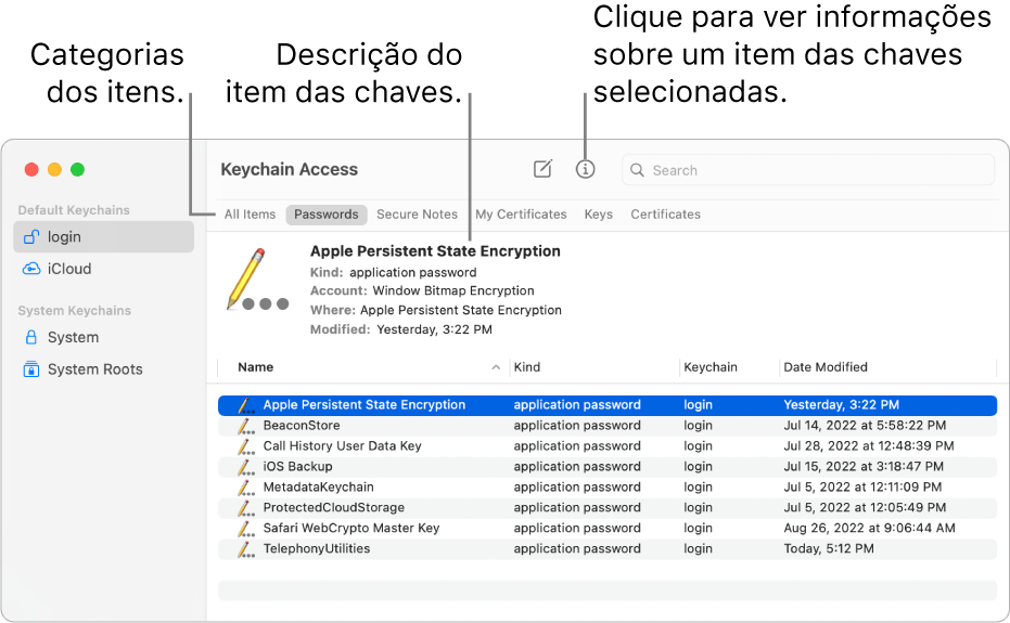Janela do Acesso às Chaves. À esquerda está uma lista dos grupo de chaves. Na parte superior direita está uma lista de categorias de itens das chaves selecionadas (como Senhas). Na parte inferior direita há uma lista de itens da categoria selecionada e, acima da lista de itens, uma descrição do item selecionado.