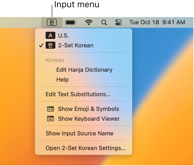 The Input menu showing 2-Set Korean selected in the list of languages. At the bottom of the menu is the Open 2-Set Korean Settings option.