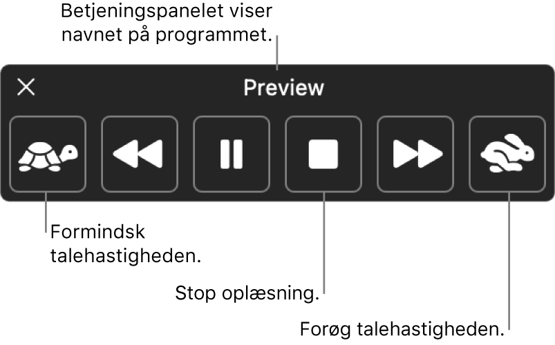 Betjeningspanelet på skærmen, der kan blive vist, når din Mac læser valgt tekst op. Betjeningspanelet har seks knapper, der fra venstre mod højre giver dig mulighed for at sænke talehastigheden, hoppe en sætning tilbage, afspille oplæsningen eller sætte den på pause, stoppe oplæsningen, hoppe en sætning frem og øge talehastigheden. Øverst i betjeningspanelet vises navnet på appen.