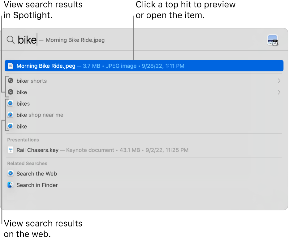 The Spotlight window showing search text in the search field at the top of the window and results below.