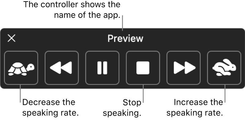 The onscreen controller that can be shown when your Mac speaks selected text. The controller provides six buttons which, from left to right, let you decrease the speaking rate, skip back one sentence, play or pause the speaking, stop the speaking, skip forward one sentence, and increase the speaking rate. The name of the app is shown at the top of the controller.