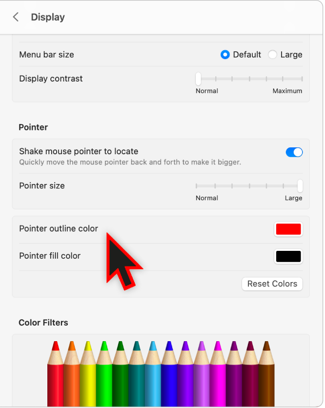 The Display settings for accessibility window showing a large pointer with custom outline and fill colors.