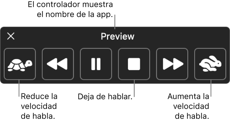 El controlador en pantalla que se puede mostrar cuando el Mac lee texto seleccionado. El controlador dispone de seis botones que, de izquierda a derecha, te permiten reducir la velocidad de habla, retroceder una frase, reproducir o poner en pausa la locución, detener la locución, avanzar una frase y aumentar la velocidad de habla. El nombre de la app se muestra en la parte superior del controlador.