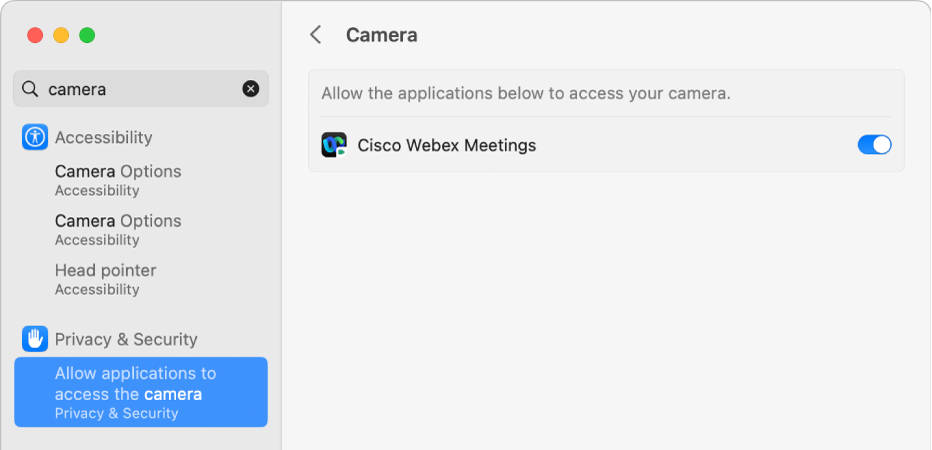 Instellingen voor 'Privacy en beveiliging' voor de camera van je Mac. De apps die toegang tot de camera hebben, zijn ingeschakeld aan de rechterkant.