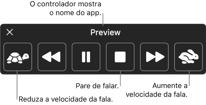 O controle na tela que pode ser mostrado quando o Mac vocaliza o texto selecionado. O controle possui seis botões que, da esquerda para a direita, permitem diminuir a velocidade da fala, voltar uma frase, reproduzir ou pausar a fala, parar a fala, avançar uma frase e aumentar a velocidade da fala. O nome do app é mostrado na parte superior do controle.