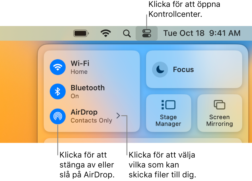 Ett Kontrollcenter-fönster som visar reglagen för att slå på eller av AirDrop och för att välja vem eller vilka som kan skicka objekt till dig.