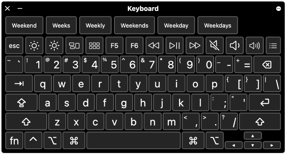 O teclado para acessibilidade com sugestões de escrita na parte superior do ecrã. Abaixo está uma linha de botões para controlos do sistema para fazer coisas como ajustar o brilho do monitor, mostrar a Touch Bar no ecrã e mostrar painéis personalizados.
