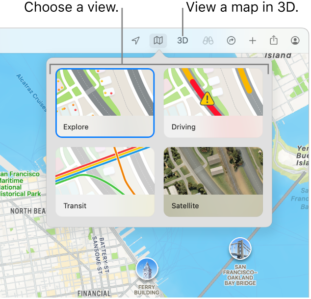 A map of San Francisco displaying map view options: Explore, Driving, Transit, and Satellite.