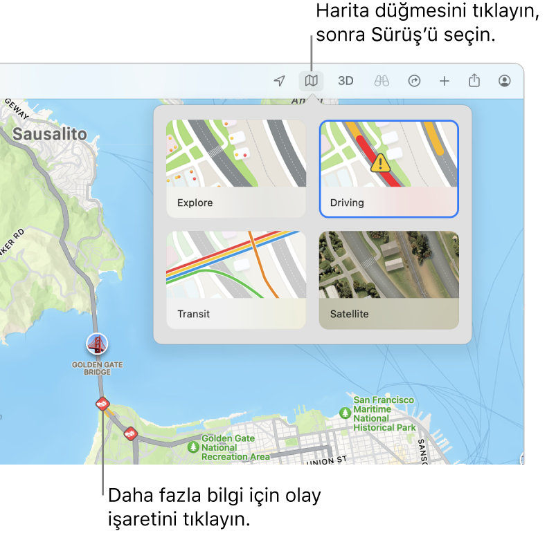 Bir San Francisco haritasında harita seçenekleri görüntüleniyor, Trafik onay kutusu seçili ve haritada trafik kazaları var.