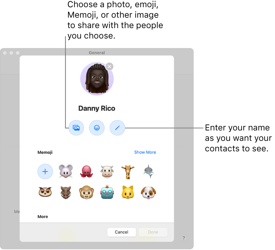When setting up Share Name and Photo, you can choose a photo, emoji, Memoji, or other image to share with the people you choose; additionally, enter you name as you want your contacts to see.
