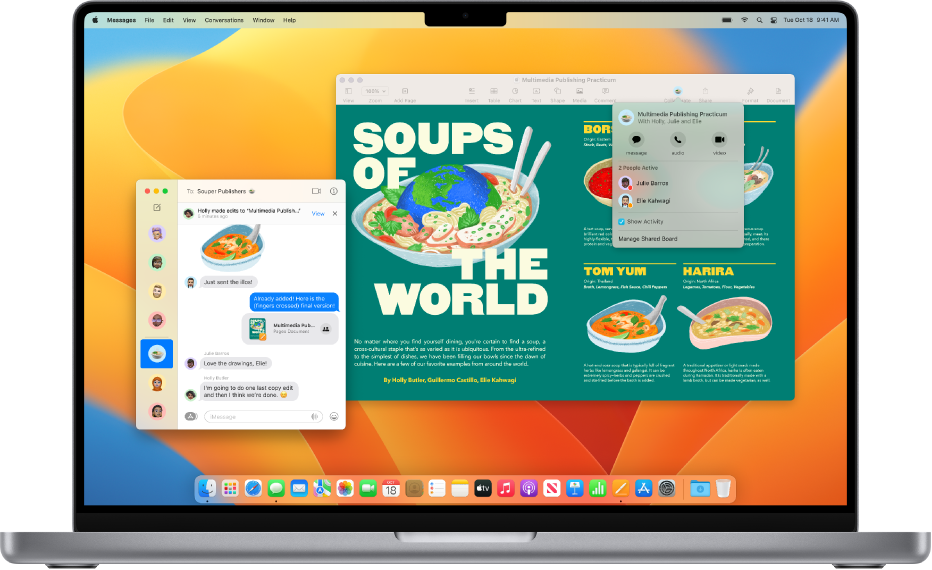The Mac desktop with two windows open: the Messages window with a conversation and a shared document, and the Pages app with the same shared document and options for collaboration.
