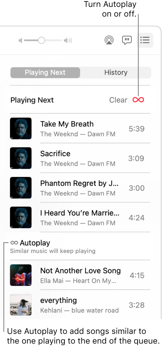 The Playing Next queue. Click the Autoplay button to turn it on or off. When Autoplay is on, similar songs are added to the end of the queue.