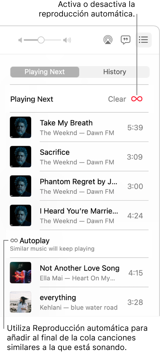 La fila Siguiente. Haz clic en el botón Reproducción automática para activarlo o desactivarlo. Cuando está activada la Reproducción automática, se agregan canciones similares al final de la fila.