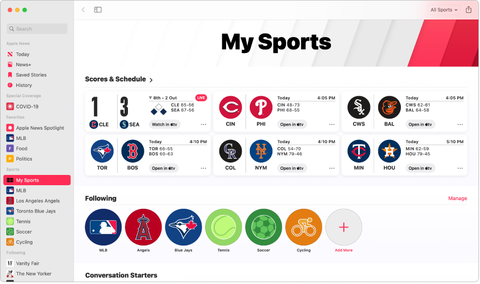 The News window showing My Sports, which includes Scores and Schedule, as well as the leagues, teams, and sports that are being followed.