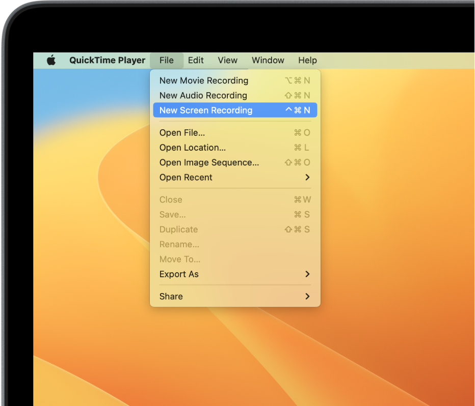 In the QuickTime Player app, the File menu is open, and the New Screen Recording command is being chosen to start recording the screen.