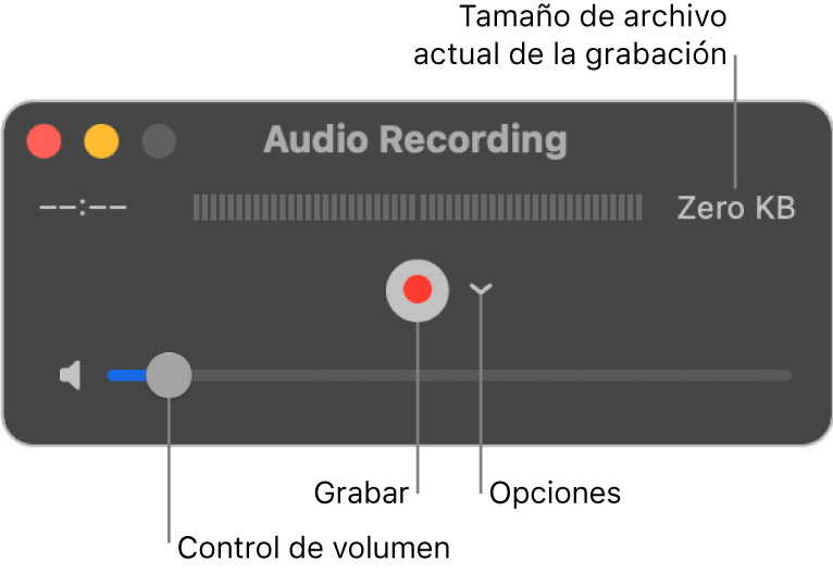 La ventana de grabación de audio con el botón Grabar y el menú desplegable Opciones en el centro de la ventana, y el control de volumen en la parte inferior.