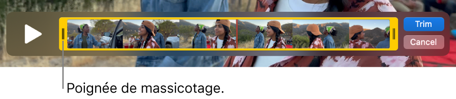 Un plan dans la fenêtre QuickTime Player, montrant une partie du plan entre les poignées jaunes, et le reste en dehors. Le bouton Raccourcir et le bouton Annuler sont à droite.