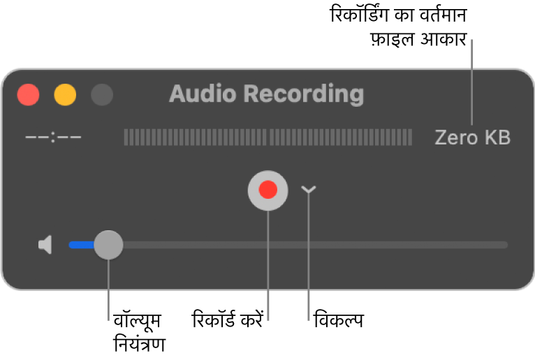 विंडो के बीच में “रिकॉर्ड” बटन और “विकल्प” पॉप अप मेनू वाली “ऑडियो रिकॉर्डिंग” विंडो तथा सबसे नीचे वॉल्यूम नियंत्रण।