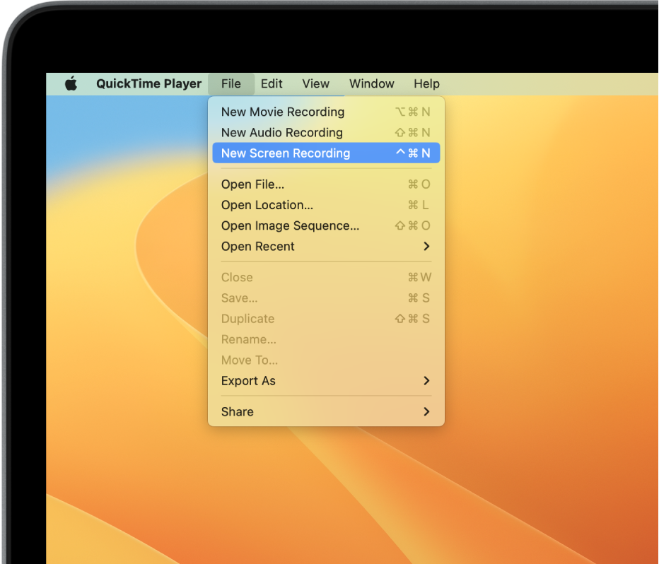 Dalam app QuickTime Player, menu Fail terbuka dan perintah Rakaman Skrin Baru dipilih untuk mula merakam skrin.