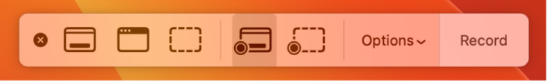 As ferramentas de captura de ecrã com o botão Gravar à direita e o menu pop-up Opções ao lado.