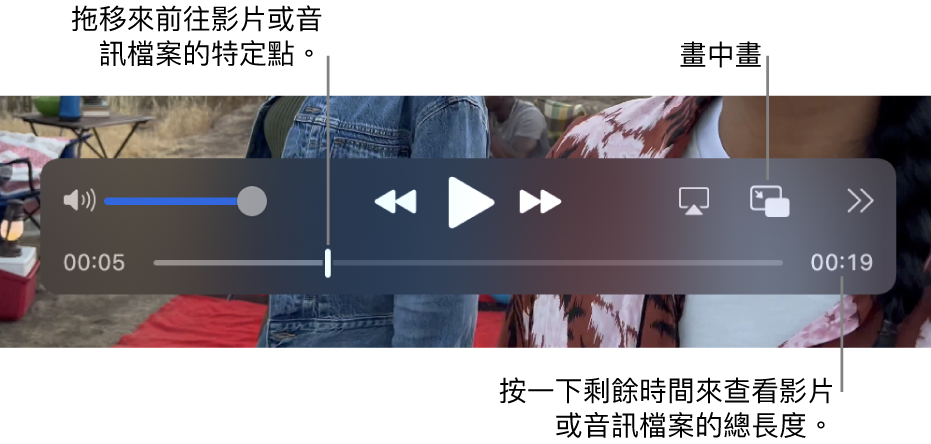 QuickTime Player 播放控制項目。沿着最上方分別為音量控制、「回帶」按鈕、「播放/暫停」按鈕、「快轉」按鈕。選擇「顯示器」按鈕、「畫中畫」按鈕，以及「分享」和「播放速度」按鈕。底部是播放磁頭，讓你在檔案中拖移至特定點。檔案剩餘時間會顯示在右側下方。