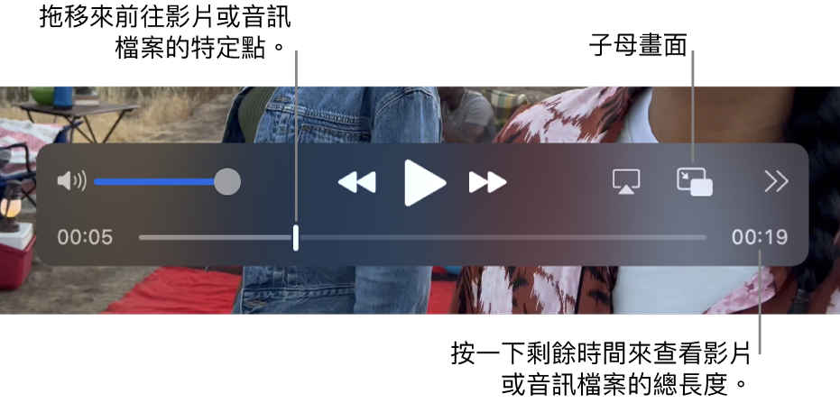 QuickTime Player 播放控制項目。沿著最上方分別為音量控制、倒轉按鈕、播放/暫停按鈕、快轉按鈕、選擇顯示器按鈕、子母畫面按鈕、分享和播放速度按鈕。底部則為播放磁頭，可供你拖移來移至在檔案中的特定點。檔案剩餘時間會顯示在右側下方。