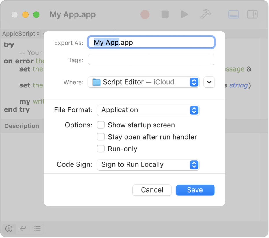The Export dialogue showing the File Format pop-up menu with Application selected and the options you can set when saving your script.