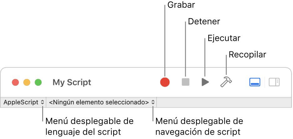 La barra de herramientas de Editor de Scripts mostrando los controles para grabar, detener, ejecutar, compilar, navegar por un script y elegir el lenguaje del script.
