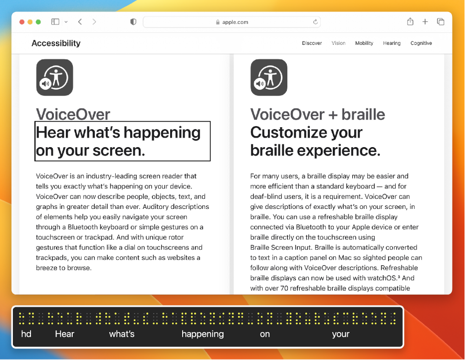 The braille panel showing what is in the VoiceOver cursor on a web page. The braille panel displays simulated yellow braille dots, with corresponding text below the dots.