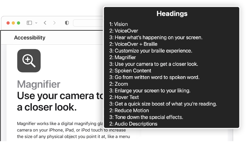VoiceOver 커서에 있는 Safari 웹 페이지 및 머리말로 설정되어 있는 VoiceOver 로터.