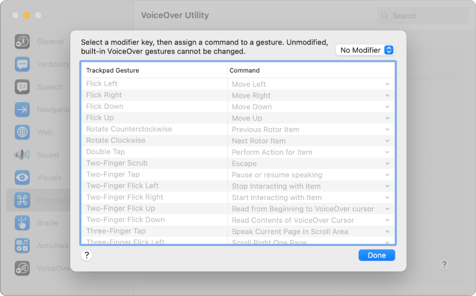 Lista de gestos e comandos correspondentes do VoiceOver mostrados no Comando do Trackpad no Utilitário do VoiceOver.