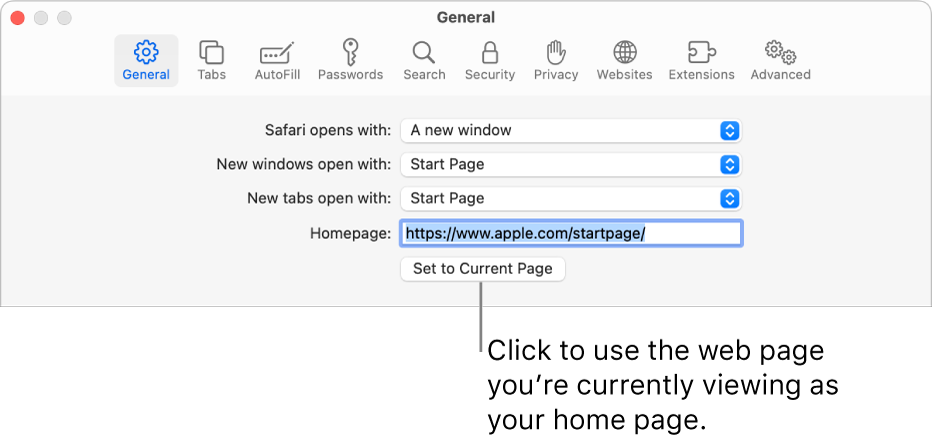 safari set homepage to start page