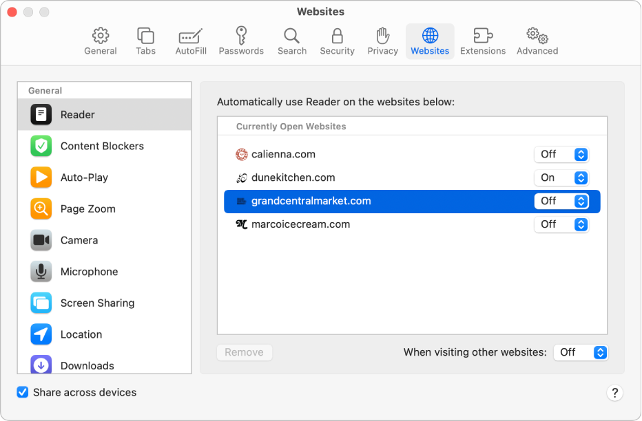 Una ventana mostrando la configuración de Safari para un sitio web, con la opción Compartir entre dispositivos seleccionada debajo de la barra lateral.